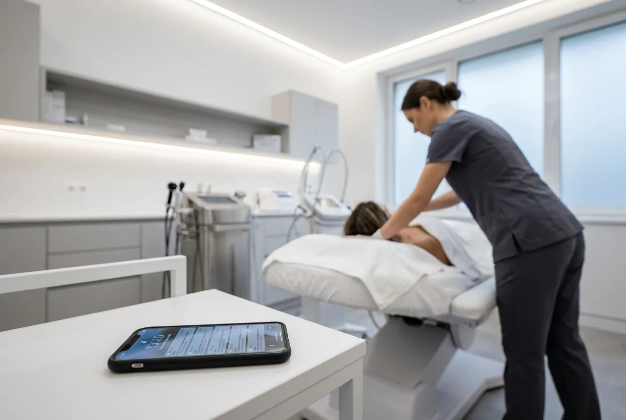 Móvil encendido con avisos sin contestar sobre una mesa blanca en una cabina de clínica estética moderna, mientras al fondo una profesional atiende a una clienta