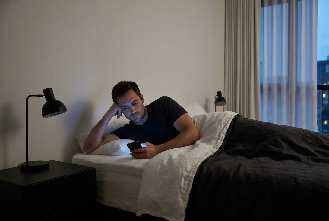 Un hombre en la cama de noche, con cara de cansancio, contestando el móvil a oscuras